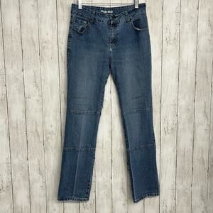 High Rise Straight Slim Leg Block Pattern Medium Wash Adolfo Jeans 8